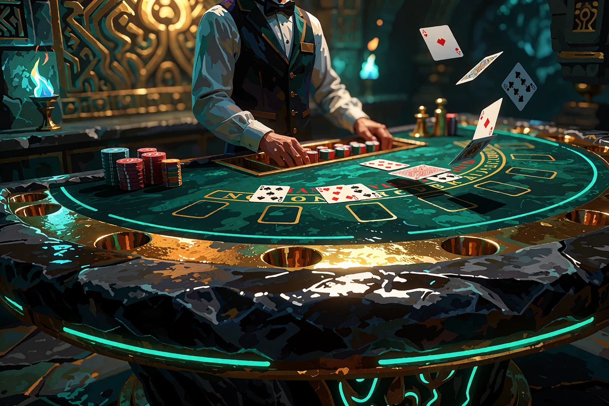Krupier przy stole blackjacka wyrzeźbionym w kamieniu z turkusową poświatą - kasyno na żywo Tikal Casino