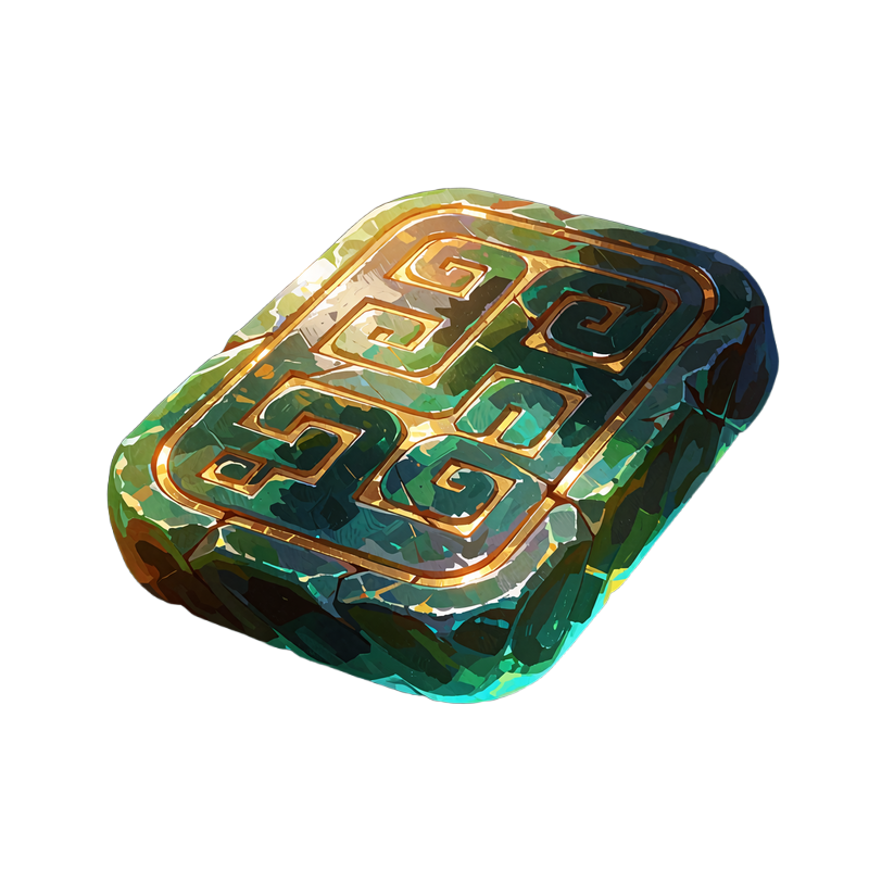 Jadeitowa tabliczka Maj&oacute;w ze świecącymi złotymi glifami - symbol przewodnika po Tikal Casino